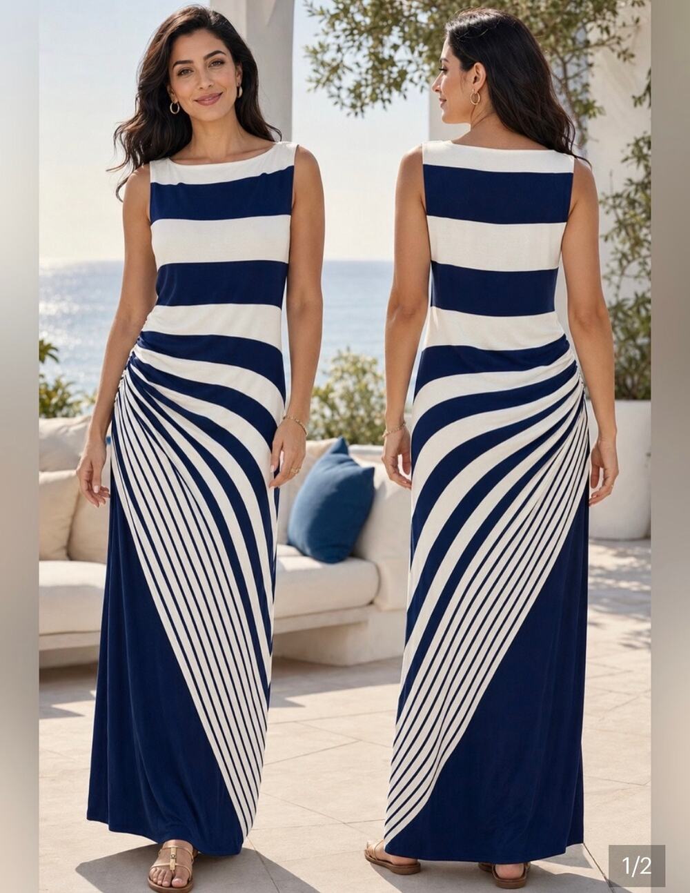 Soft Surroundings Small Vela Infinity Dress Blue Sleeveless Stripe Asymmetrical